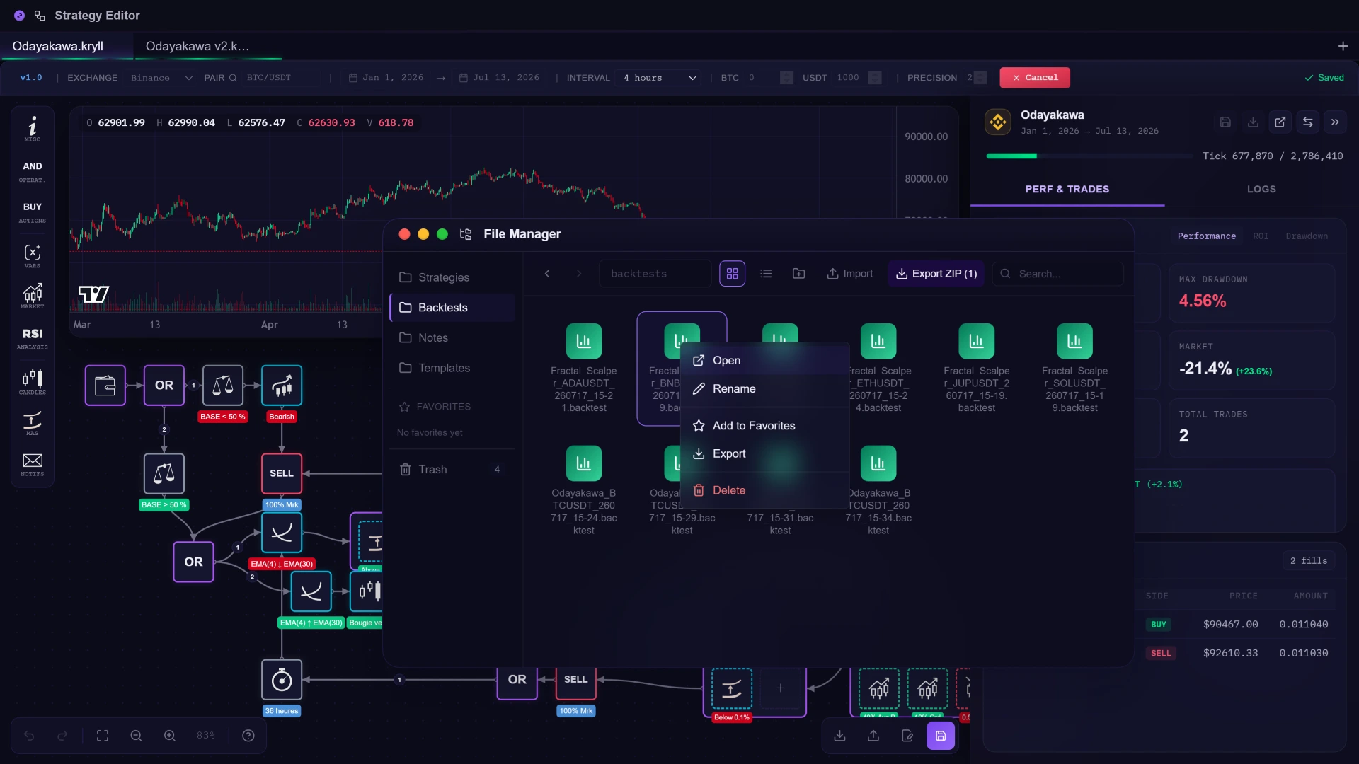 The KryllOS strategy editor: a BTC/USDT candlestick chart, the strategy composed of linked blocks underneath, the file manager open on a list of backtests, and the performance panel on the right.