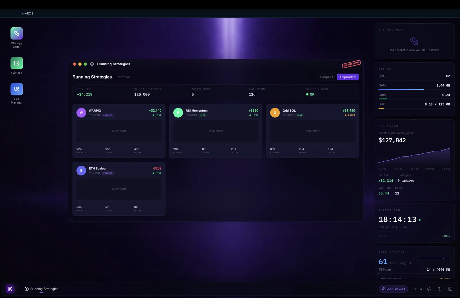 The KryllOS desktop with strategies in flight: four bots (WARPIG, RSI Momentum, Grid SOL, ETH Scalper), each with its market, its mode (live or paper) and its running result, and the system panel on the right (KRL balance, CPU, RAM, wallet).